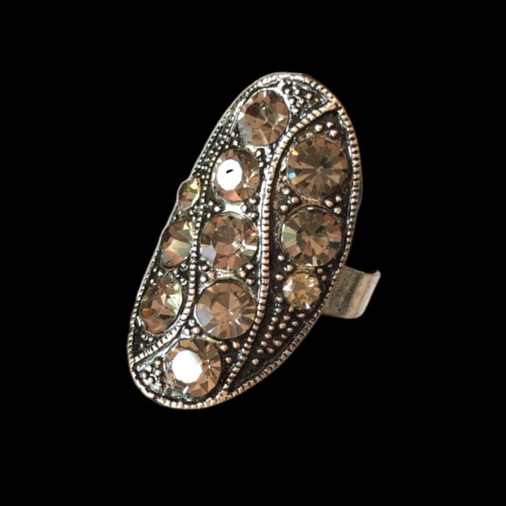 Large gunmetal and smoky rhinestone cocktail ring, costume jewelry